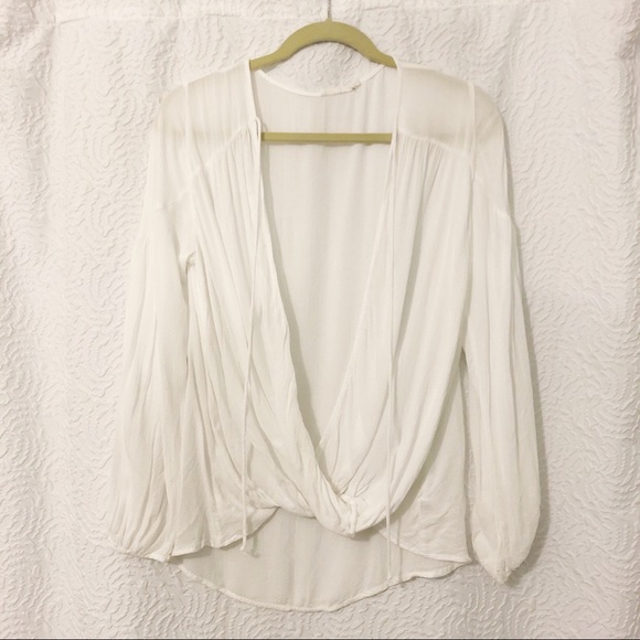 Lush Tops - Lush Deep V Neckline Blouse Long Sleeve White